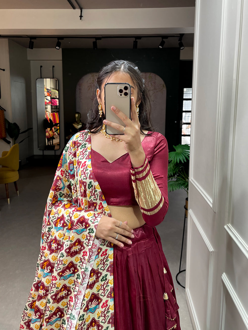 Bhavya Marron Serenade Elegant Gajji Silk Bandhej-Patola and Pichwai Digital Print Lehenga Choli