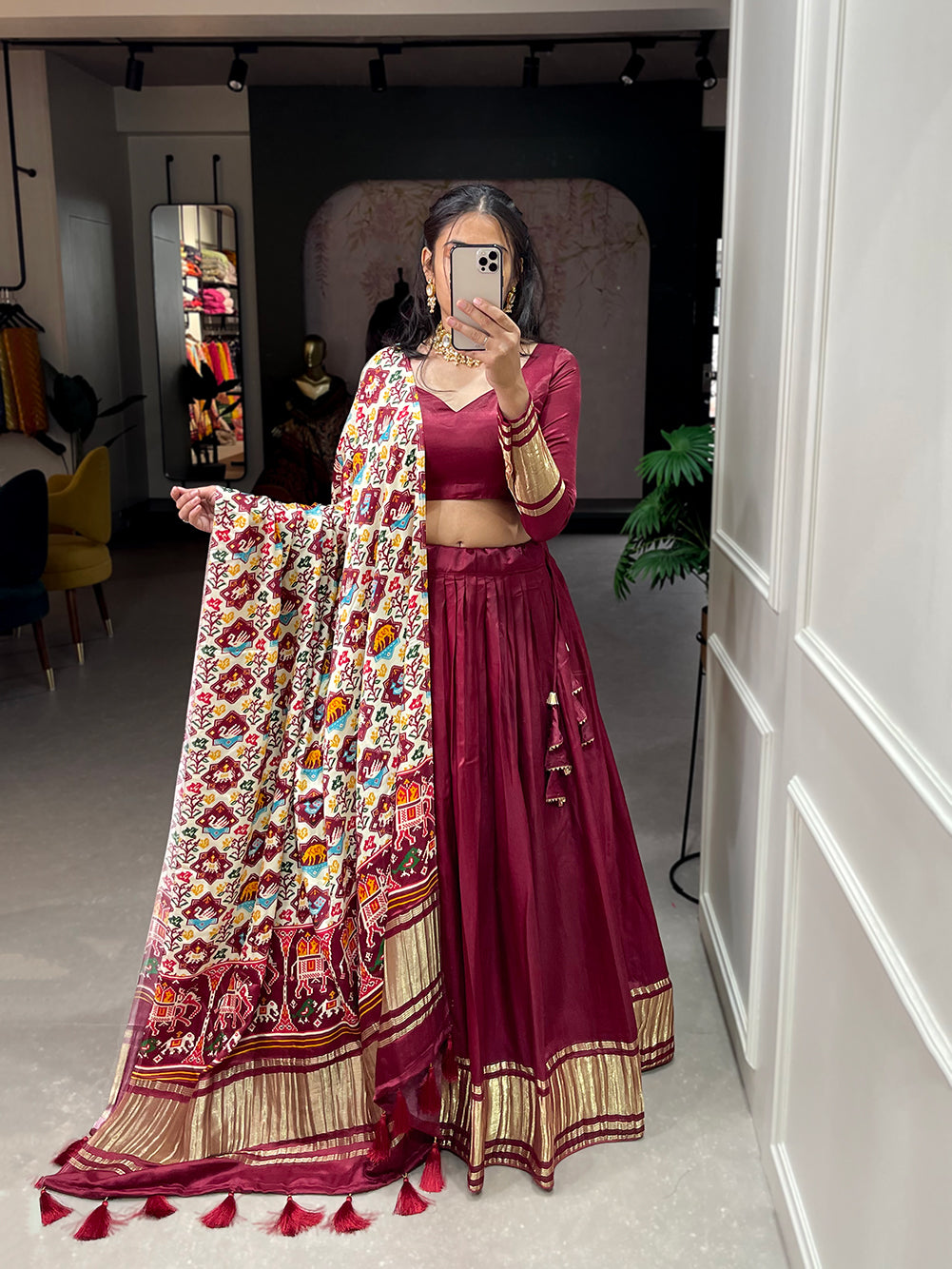 Bhavya Marron Serenade Elegant Gajji Silk Bandhej-Patola and Pichwai Digital Print Lehenga Choli