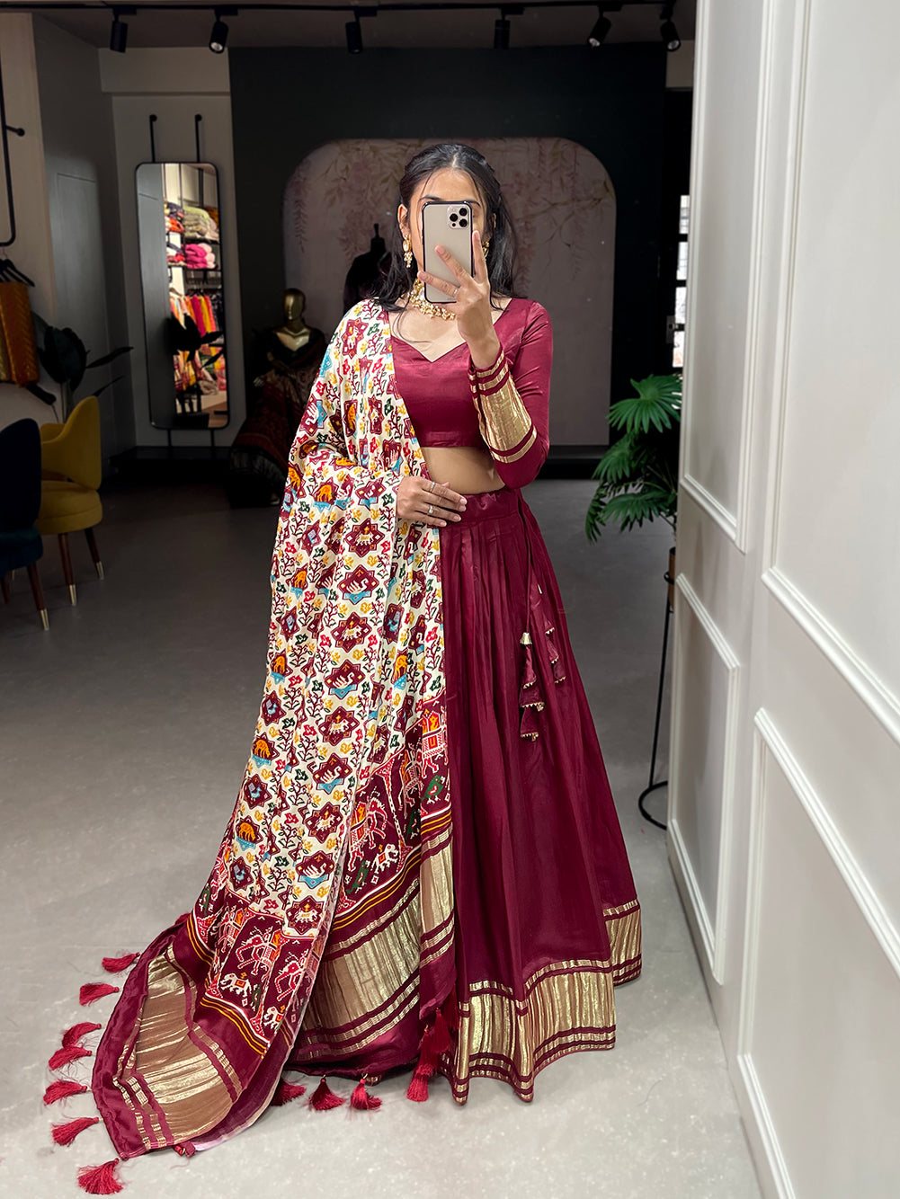 Bhavya Marron Serenade Elegant Gajji Silk Bandhej-Patola and Pichwai Digital Print Lehenga Choli