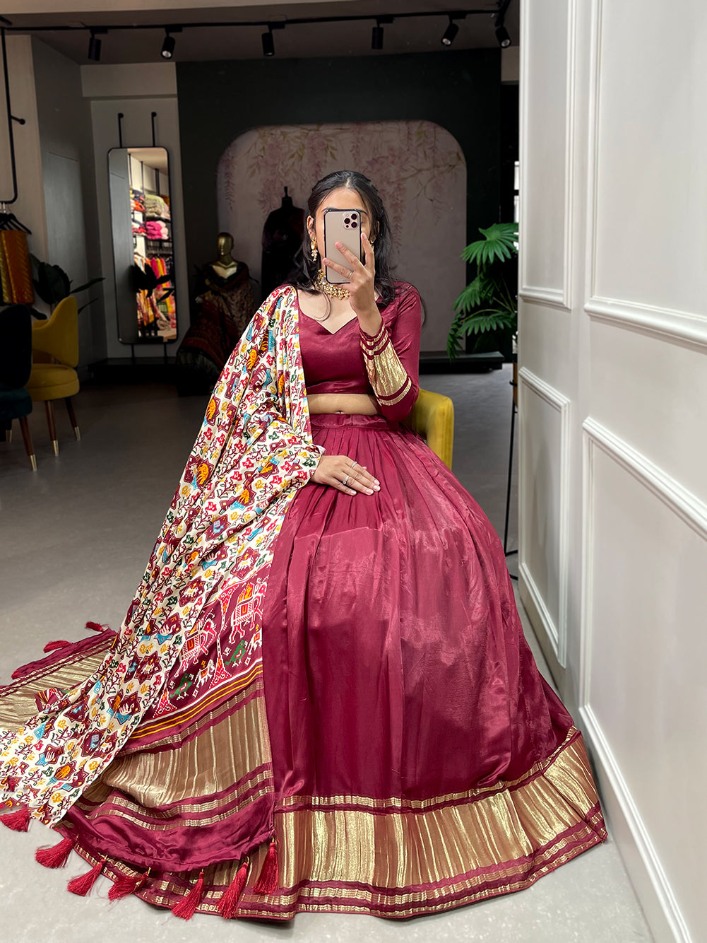 Bhavya Marron Serenade Elegant Gajji Silk Bandhej-Patola and Pichwai Digital Print Lehenga Choli