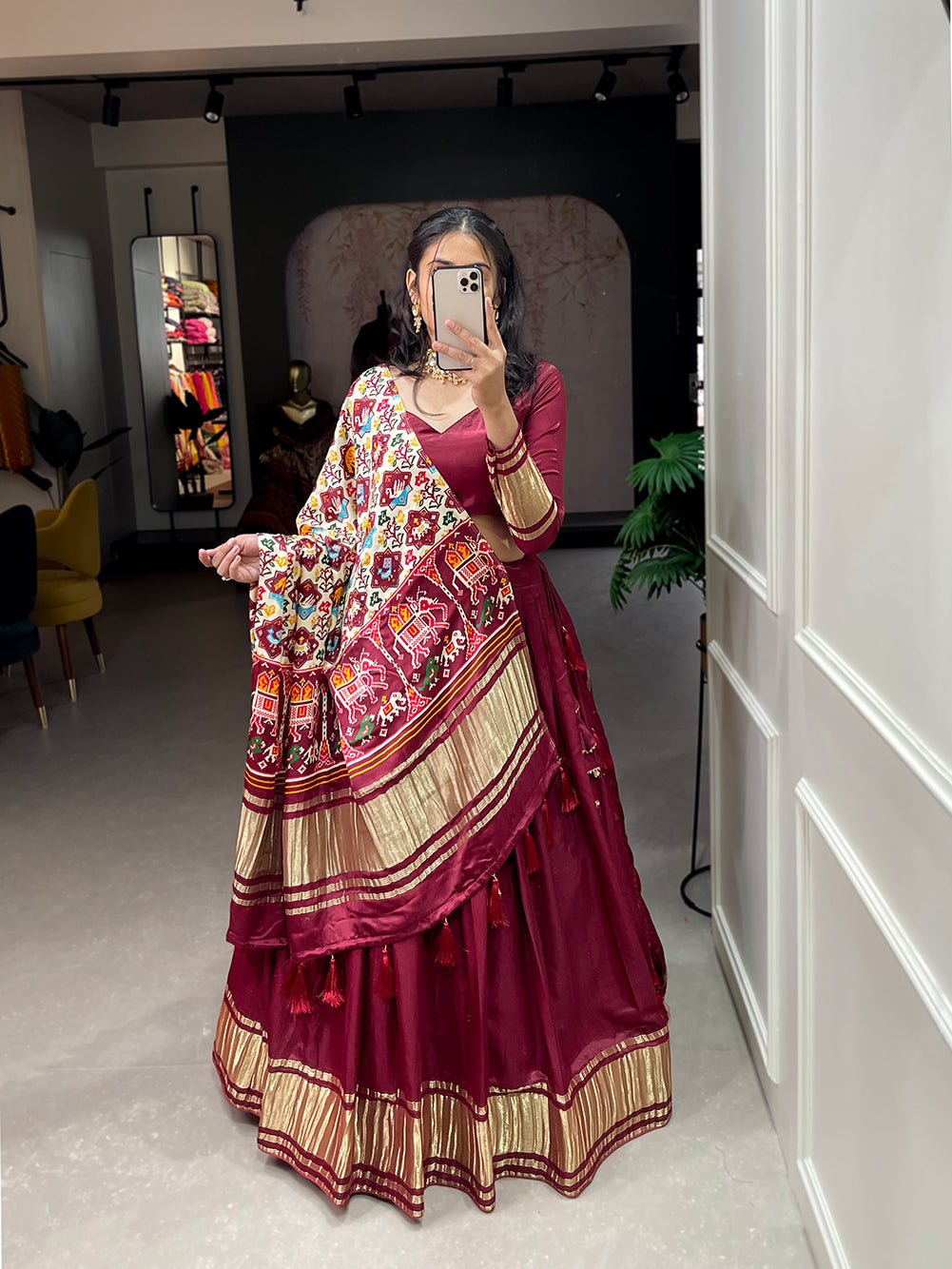 Bhavya Marron Serenade Elegant Gajji Silk Bandhej-Patola and Pichwai Digital Print Lehenga Choli