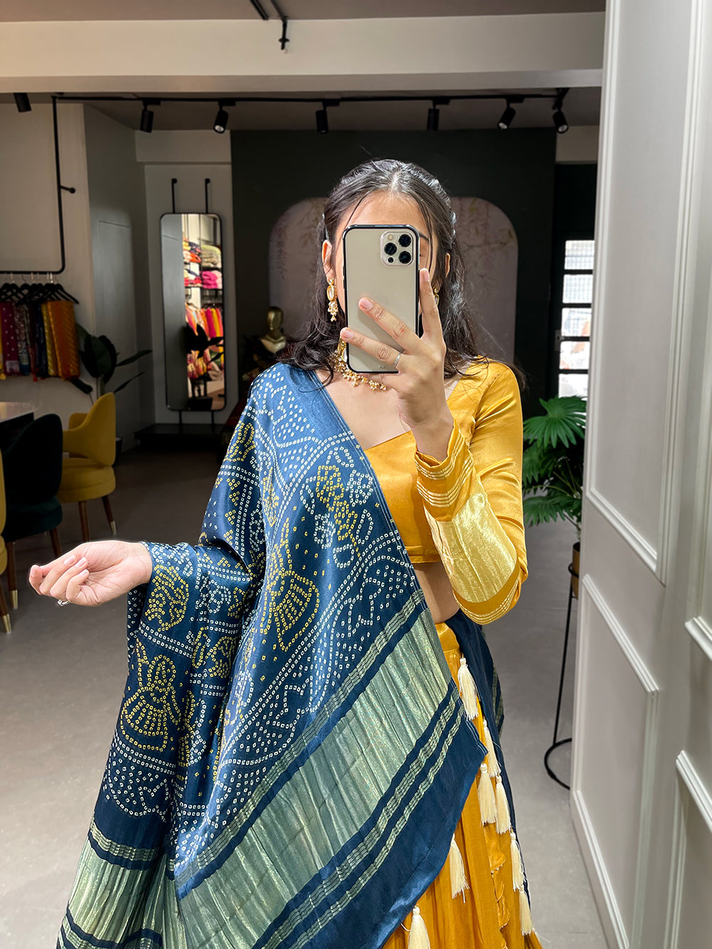 Padmini Mustard Grace Regal Gajji Silk Mustard Bandhej-Patola and Pichwai Digital Print Lehenga Choli