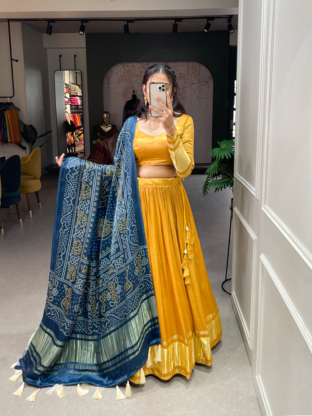 Padmini Mustard Grace Regal Gajji Silk Mustard Bandhej-Patola and Pichwai Digital Print Lehenga Choli