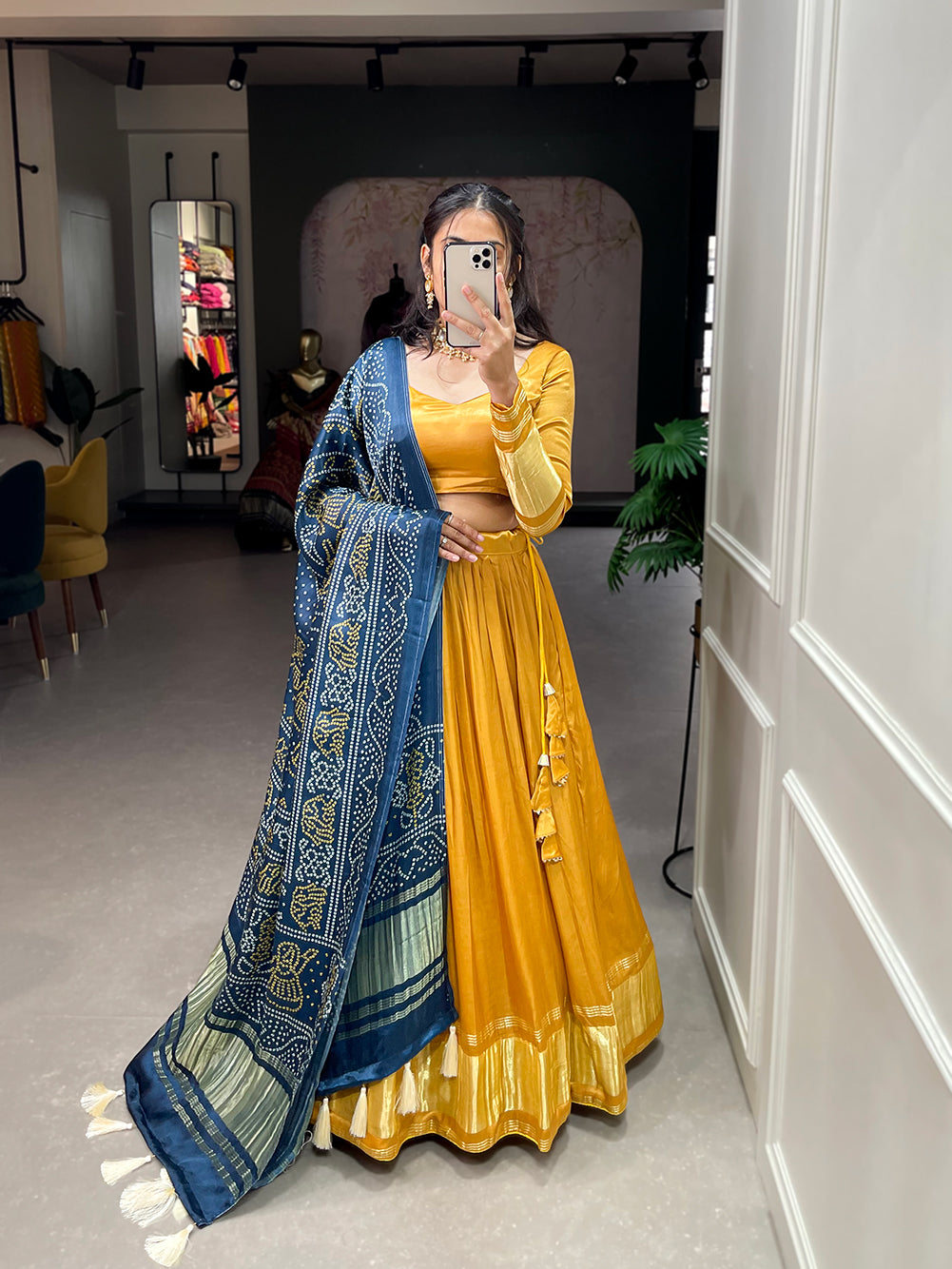Padmini Mustard Grace Regal Gajji Silk Mustard Bandhej-Patola and Pichwai Digital Print Lehenga Choli