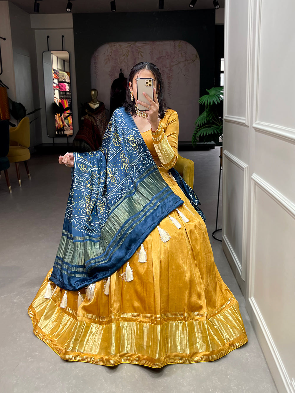 Padmini Mustard Grace Regal Gajji Silk Mustard Bandhej-Patola and Pichwai Digital Print Lehenga Choli