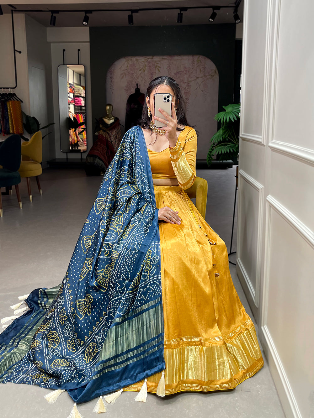 Padmini Mustard Grace Regal Gajji Silk Mustard Bandhej-Patola and Pichwai Digital Print Lehenga Choli