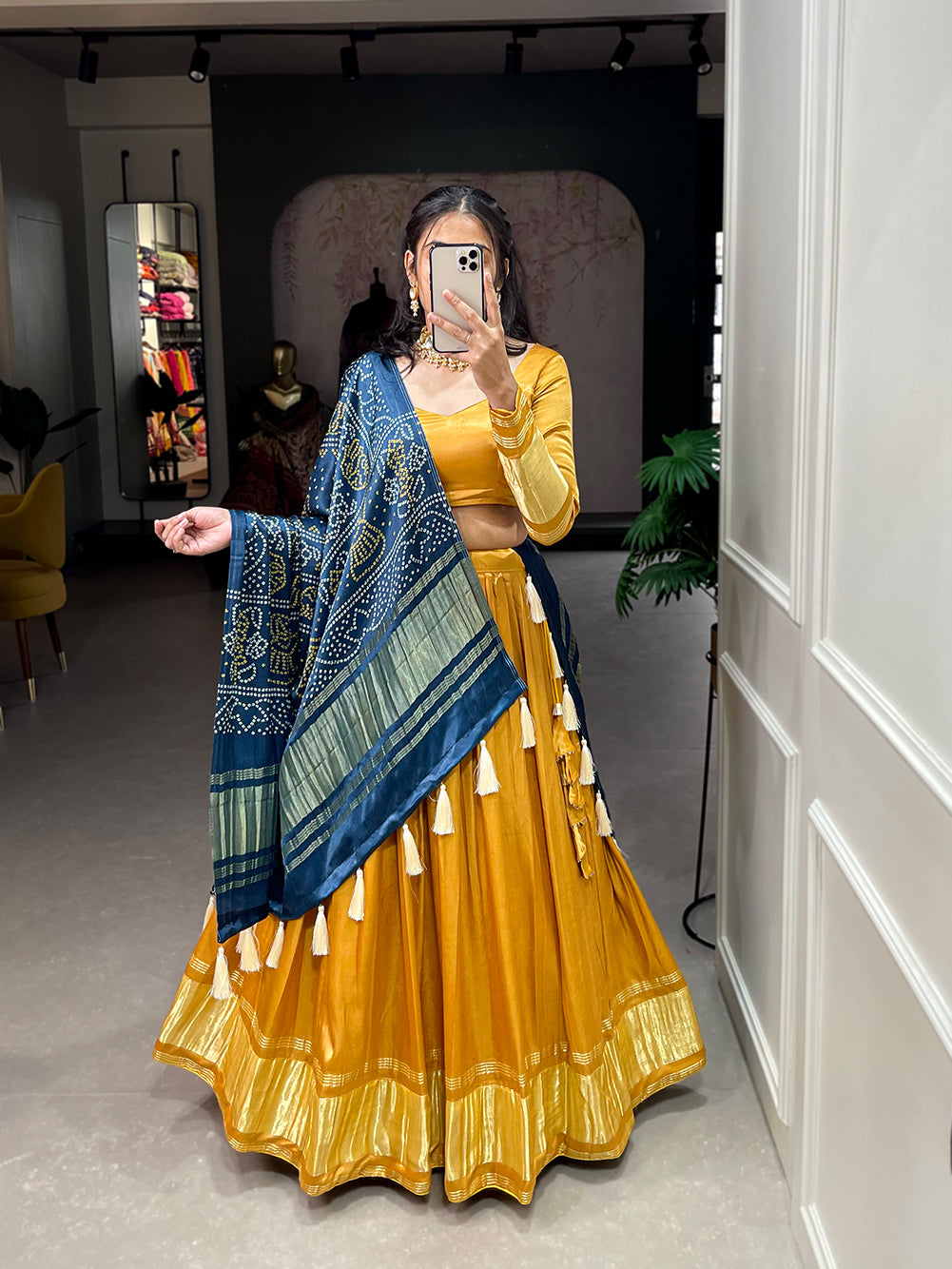 Padmini Mustard Grace Regal Gajji Silk Mustard Bandhej-Patola and Pichwai Digital Print Lehenga Choli