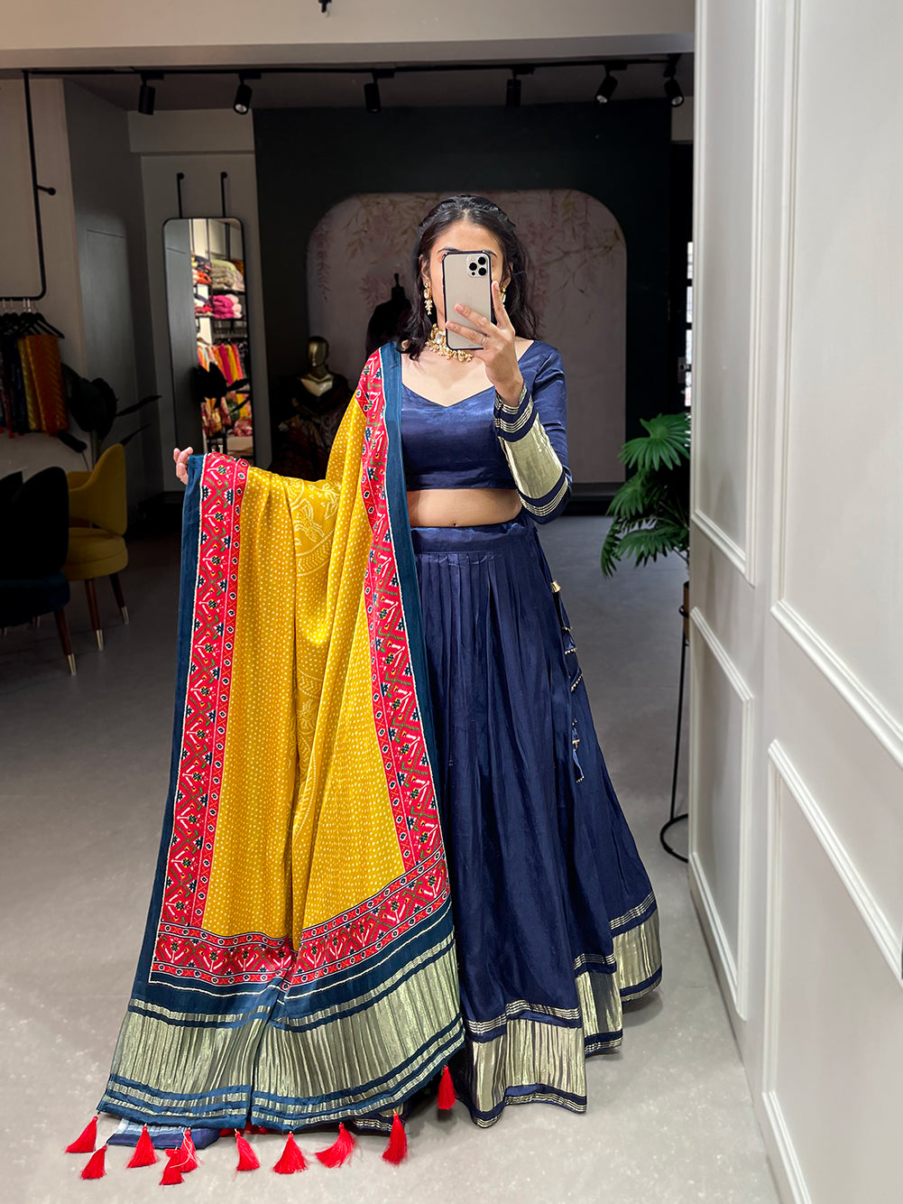Neelambari Bandhej Pure Gajji Silk Navy Blue Bandhej-Patola and Pichwai Digital Print Lehenga Choli