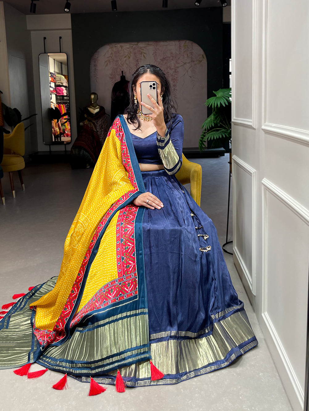 Neelambari Bandhej Pure Gajji Silk Navy Blue Bandhej-Patola and Pichwai Digital Print Lehenga Choli