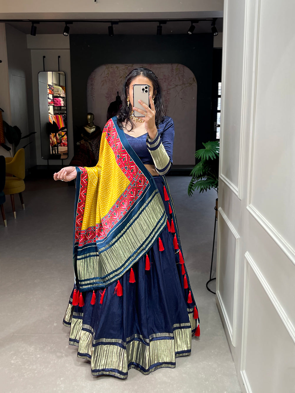 Neelambari Bandhej Pure Gajji Silk Navy Blue Bandhej-Patola and Pichwai Digital Print Lehenga Choli