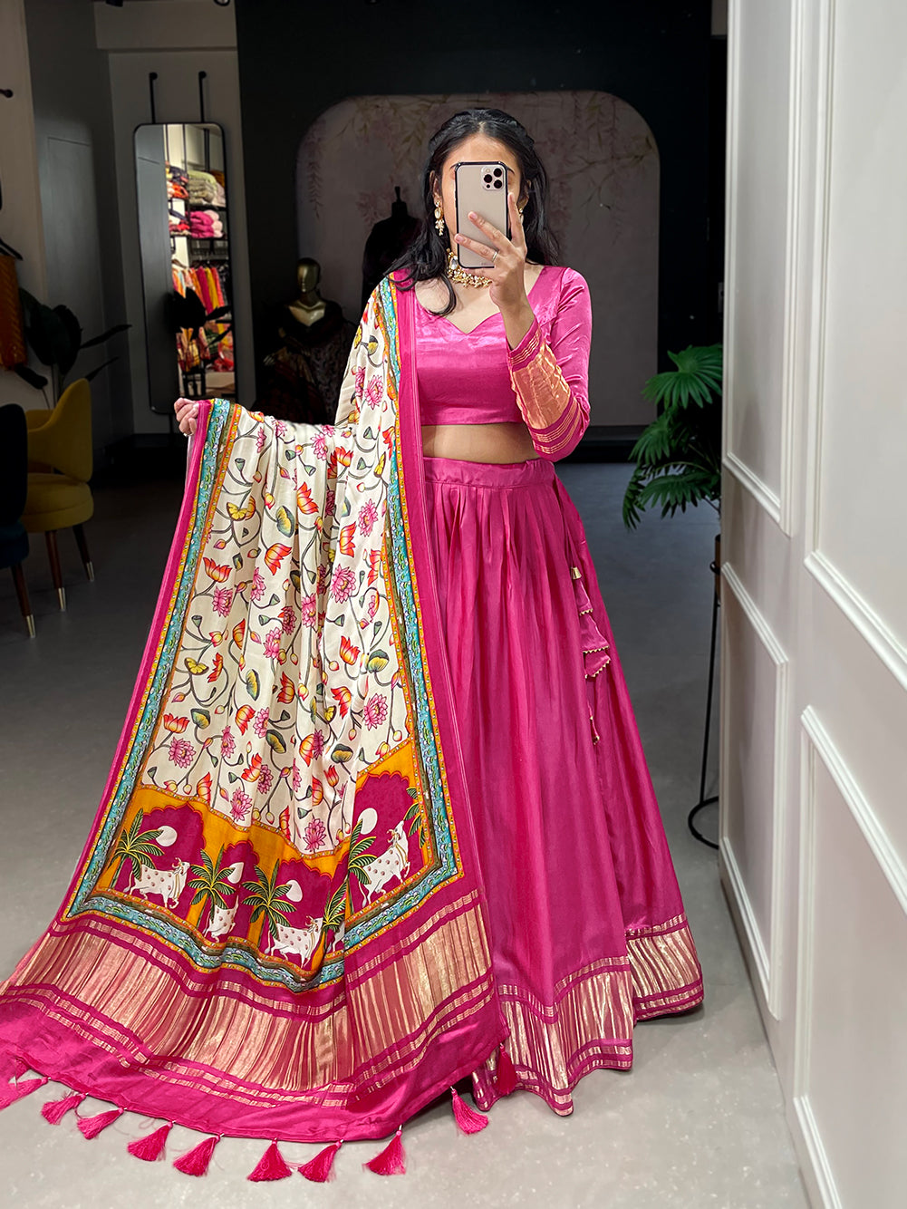 Mithi Manjari: Sweet Pink Bandhej-Patola and Pichwai Digital Print Lehenga Choli in Pure Gajji Silk