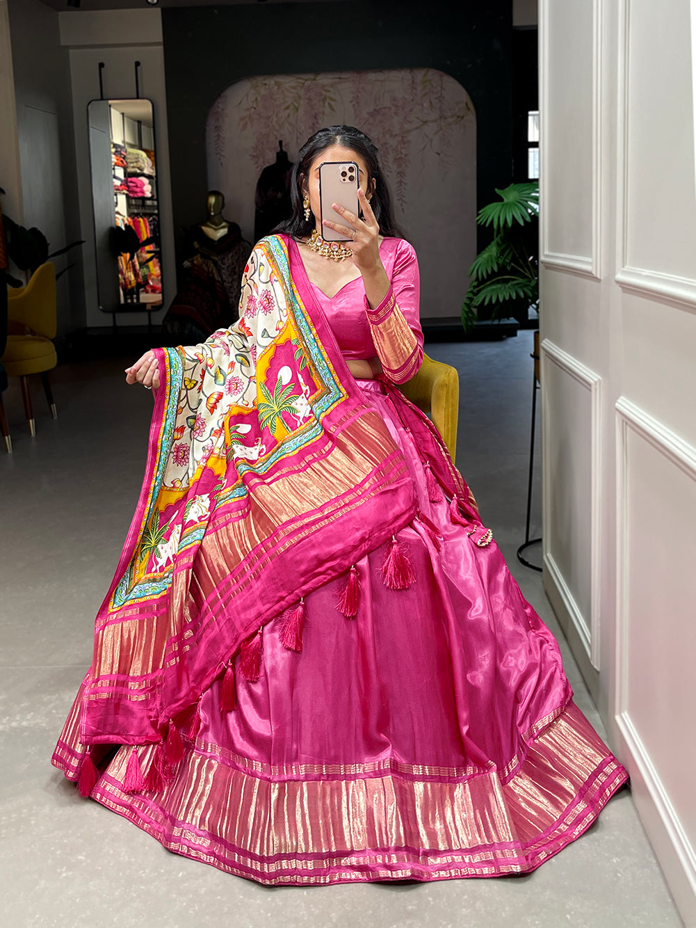 Mithi Manjari: Sweet Pink Bandhej-Patola and Pichwai Digital Print Lehenga Choli in Pure Gajji Silk