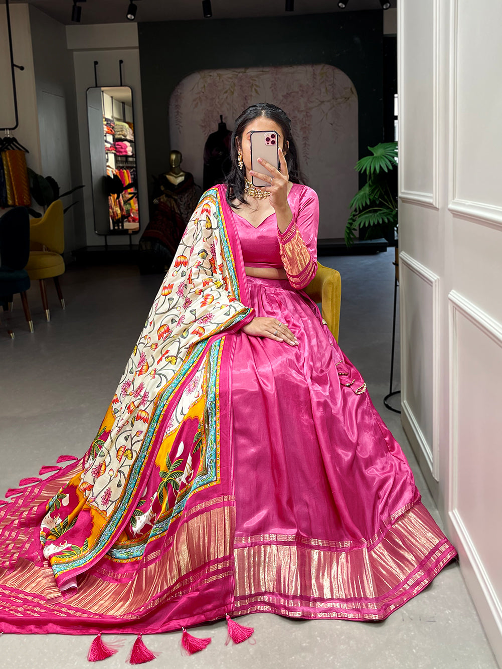 Mithi Manjari: Sweet Pink Bandhej-Patola and Pichwai Digital Print Lehenga Choli in Pure Gajji Silk