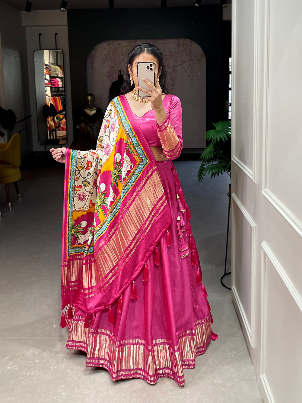 Mithi Manjari: Sweet Pink Bandhej-Patola and Pichwai Digital Print Lehenga Choli in Pure Gajji Silk
