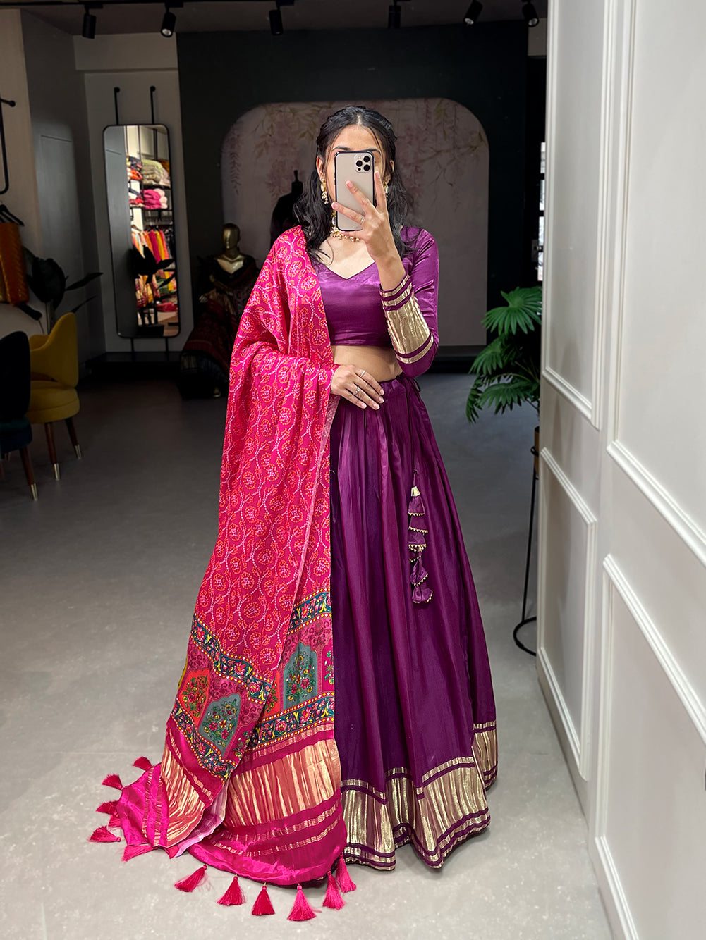 Vrindavan Wine Delight Traditional Gajji Silk Wine Bandhej-Patola and Pichwai Digital Print Lehenga Choli