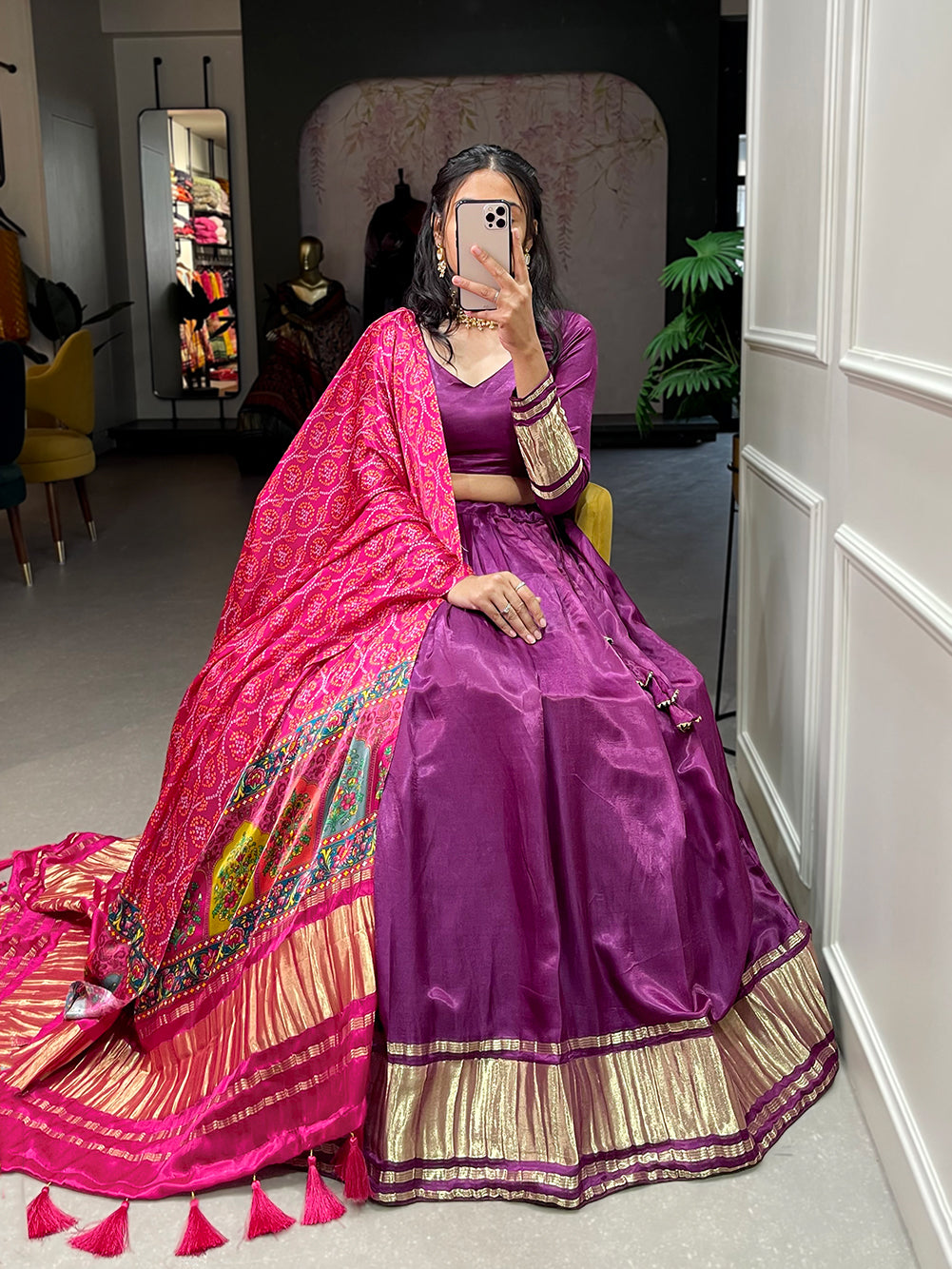Vrindavan Wine Delight Traditional Gajji Silk Wine Bandhej-Patola and Pichwai Digital Print Lehenga Choli