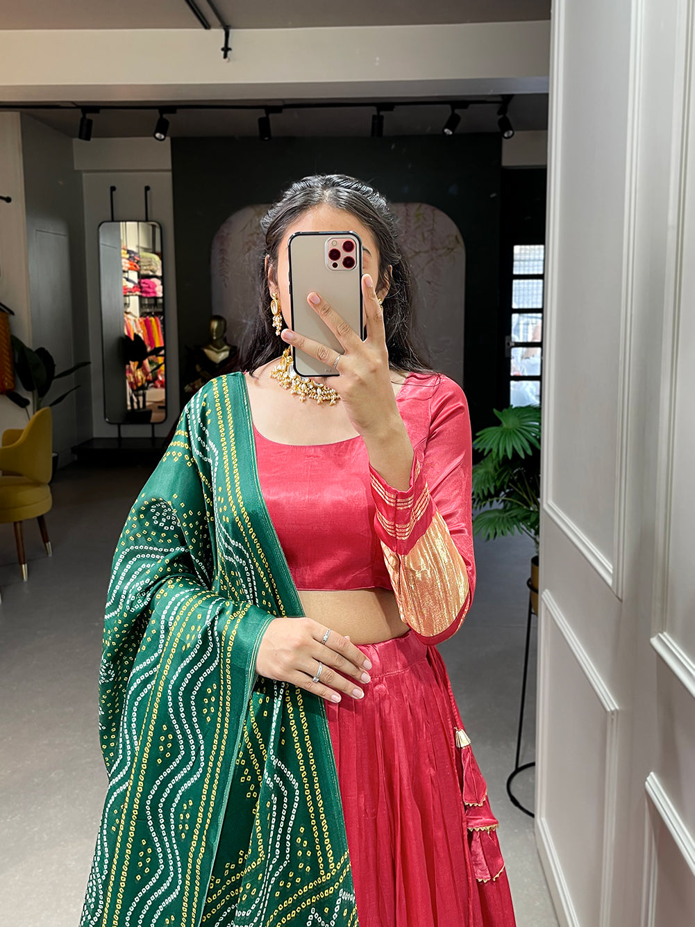 Lalpari Bandhej Pure Gajji Silk Red Bandhej-Patola Lehenga Choli with Green Dupatta