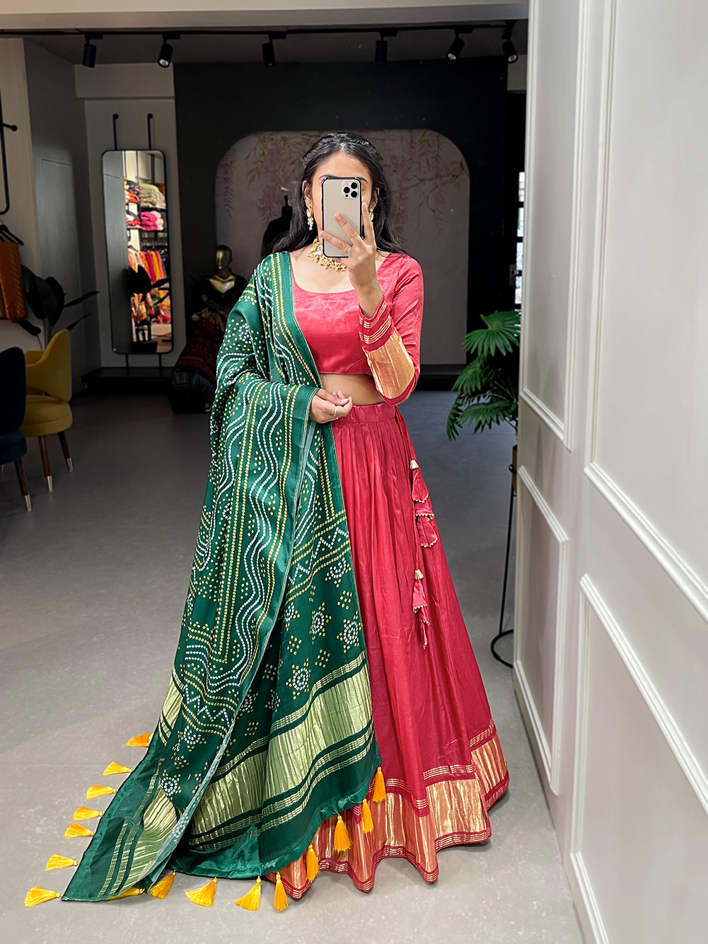 Lalpari Bandhej Pure Gajji Silk Red Bandhej-Patola Lehenga Choli with Green Dupatta