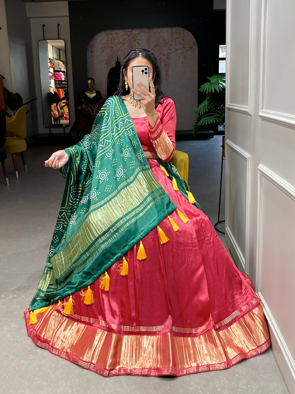 Lalpari Bandhej Pure Gajji Silk Red Bandhej-Patola Lehenga Choli with Green Dupatta