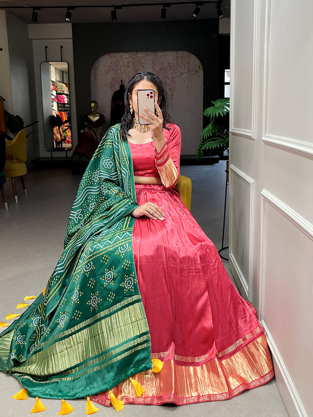 Lalpari Bandhej Pure Gajji Silk Red Bandhej-Patola Lehenga Choli with Green Dupatta