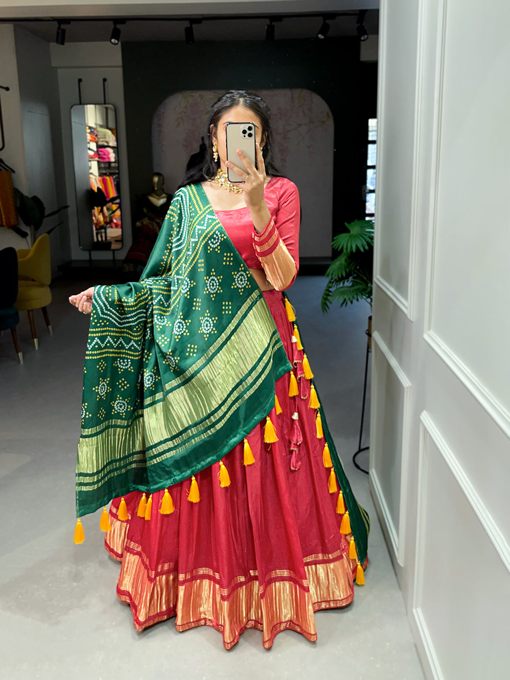 Lalpari Bandhej Pure Gajji Silk Red Bandhej-Patola Lehenga Choli with Green Dupatta
