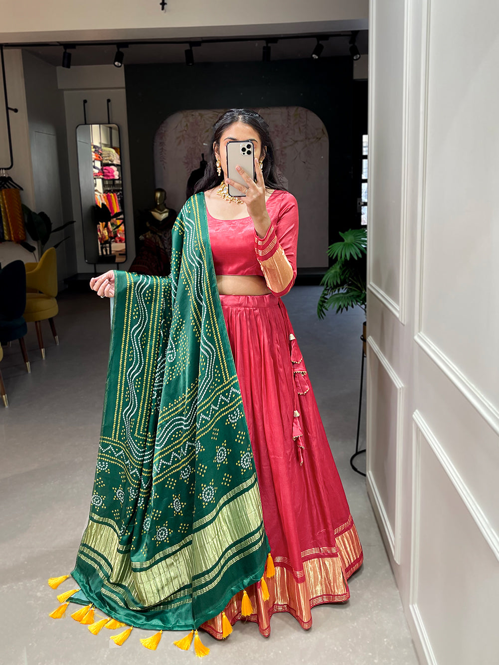 Lalpari Bandhej Pure Gajji Silk Red Bandhej-Patola Lehenga Choli with Green Dupatta