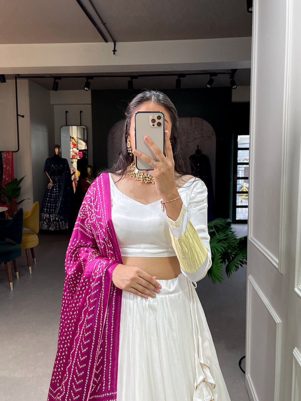 Svarna Patola White Gajji Silk Bandhej-Patola and Pichwai Digital Print Lehenga Choli