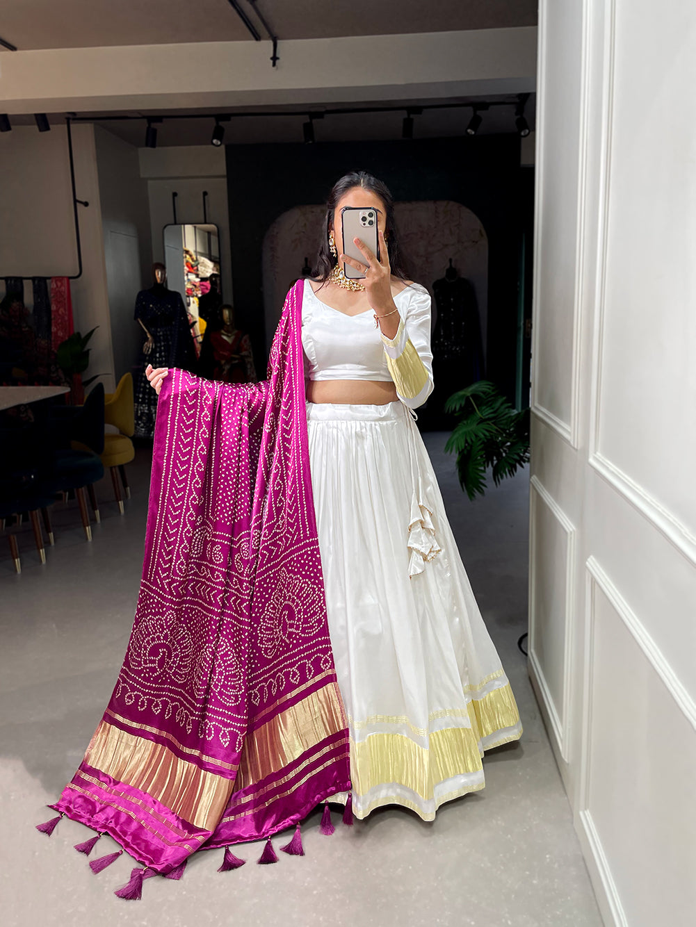 Svarna Patola White Gajji Silk Bandhej-Patola and Pichwai Digital Print Lehenga Choli