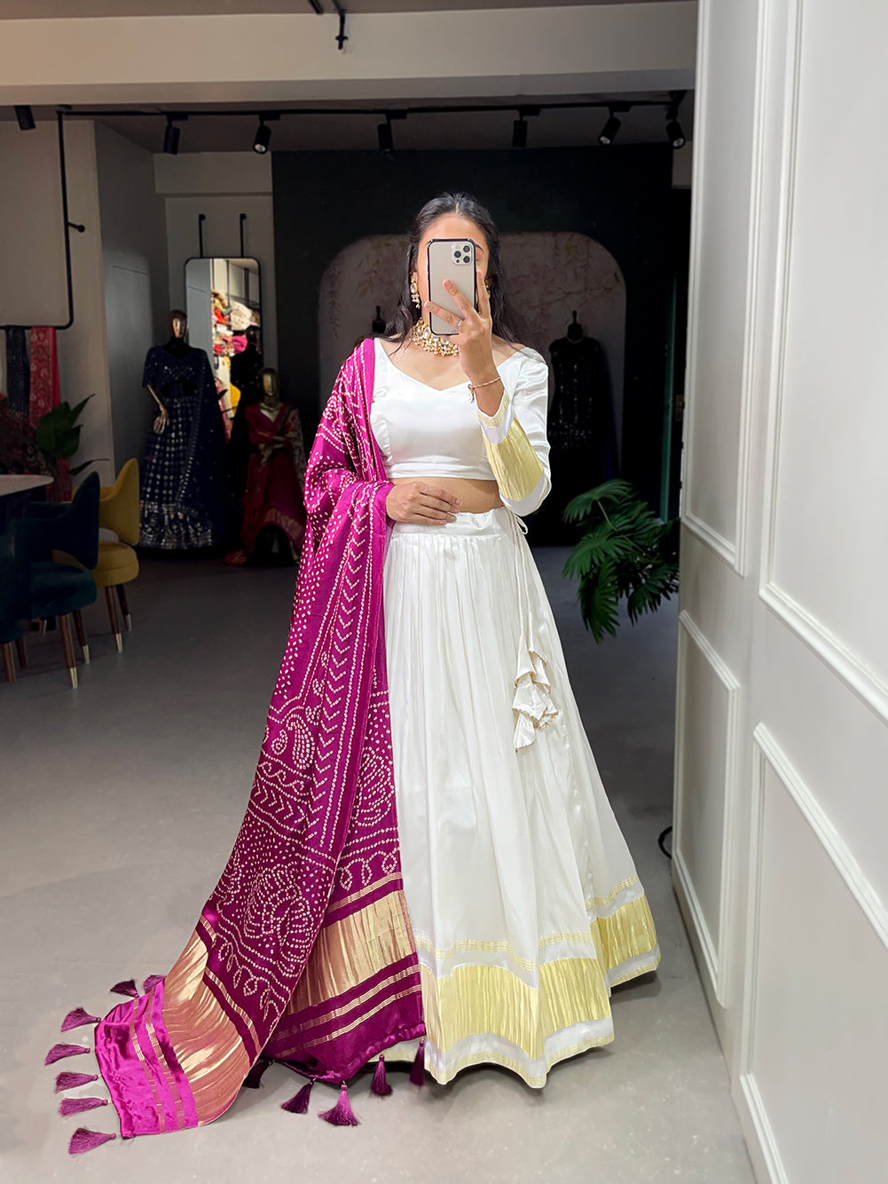 Svarna Patola White Gajji Silk Bandhej-Patola and Pichwai Digital Print Lehenga Choli