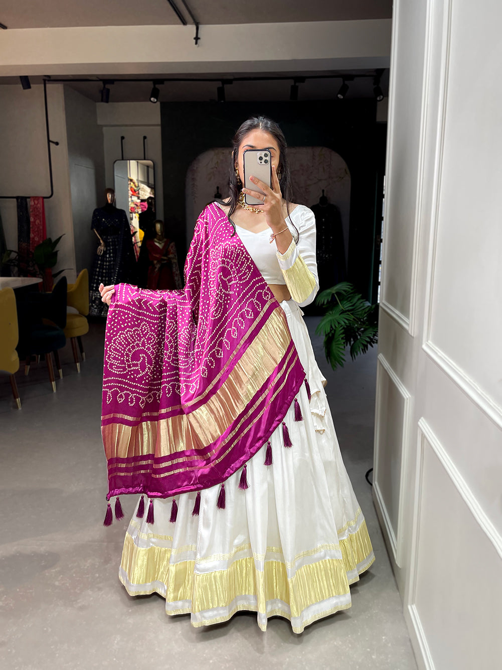 Svarna Patola White Gajji Silk Bandhej-Patola and Pichwai Digital Print Lehenga Choli