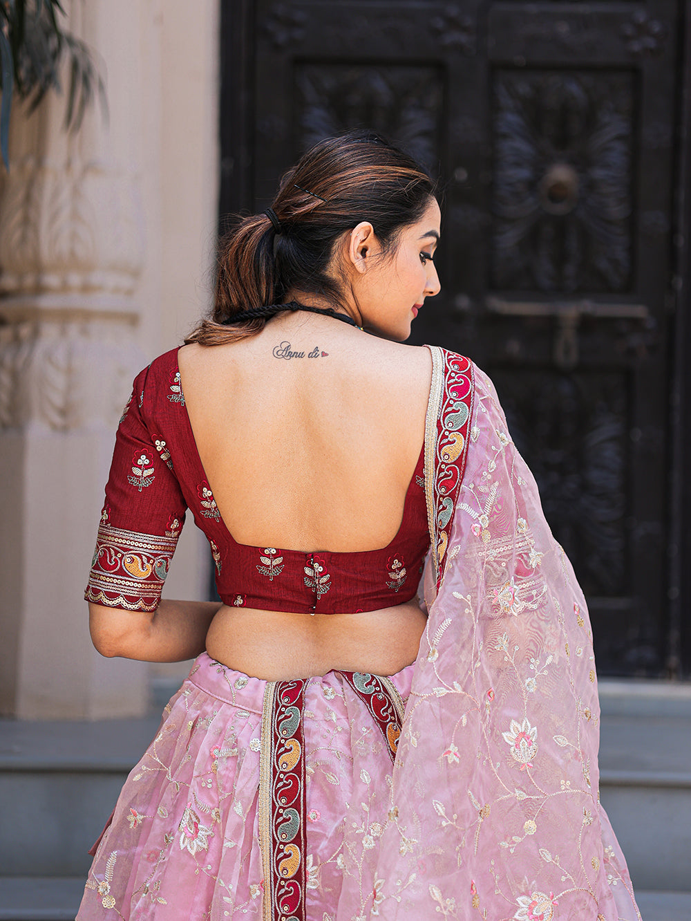 Whimsical Pink Paradise Thread Embroidered Organza Lehenga Choli