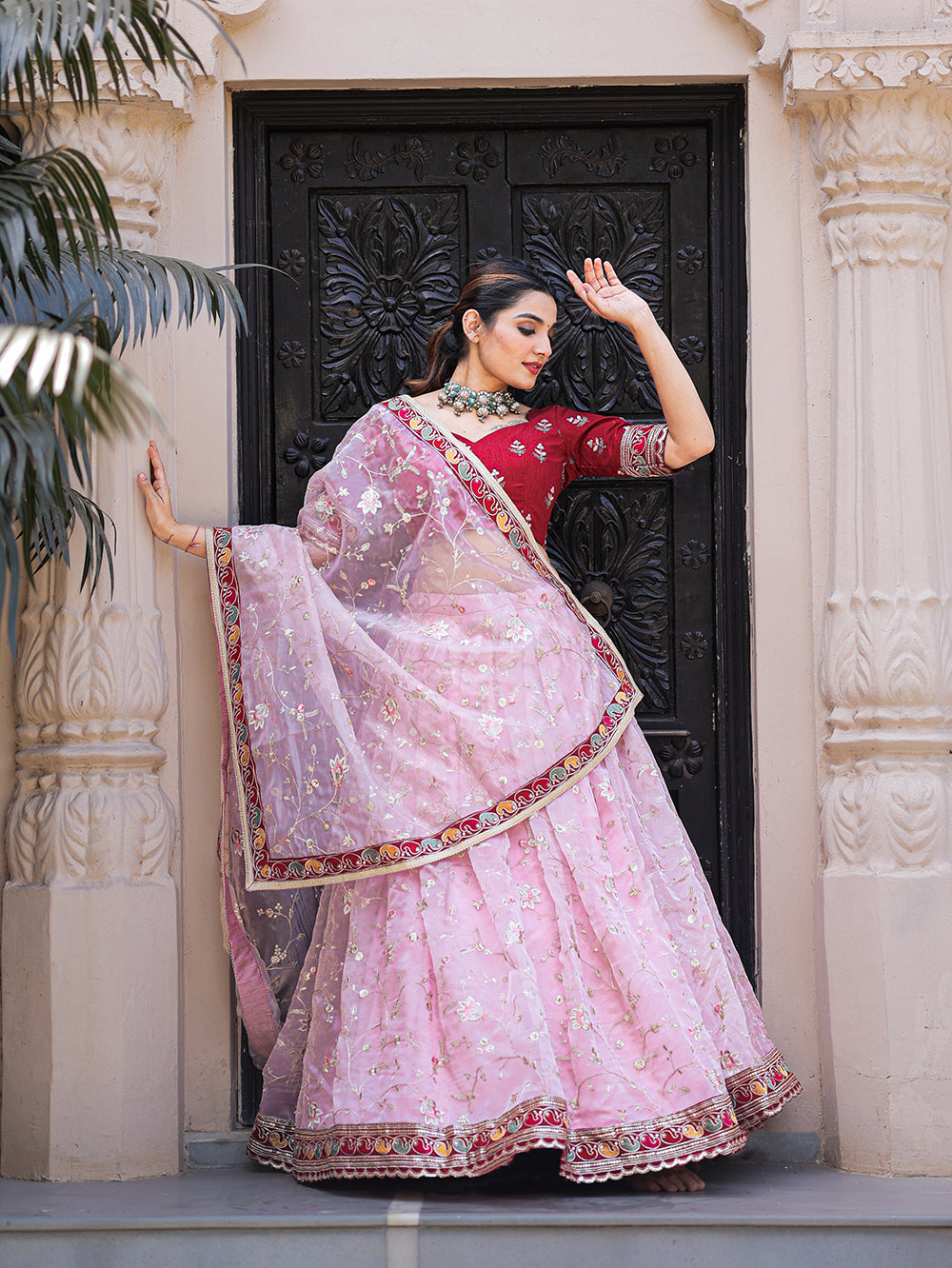 Whimsical Pink Paradise Thread Embroidered Organza Lehenga Choli