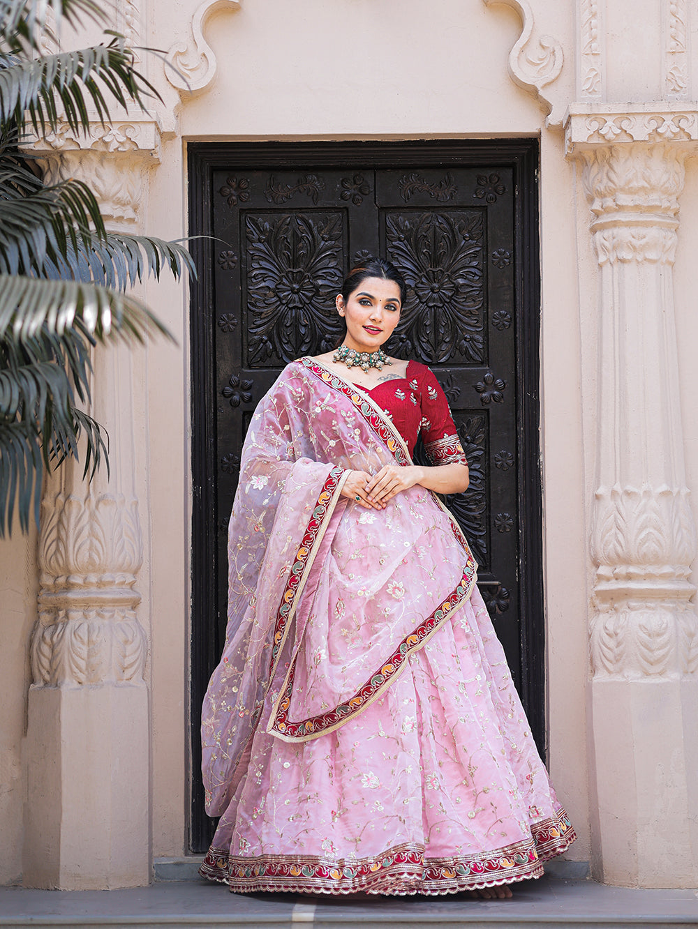 Whimsical Pink Paradise Thread Embroidered Organza Lehenga Choli