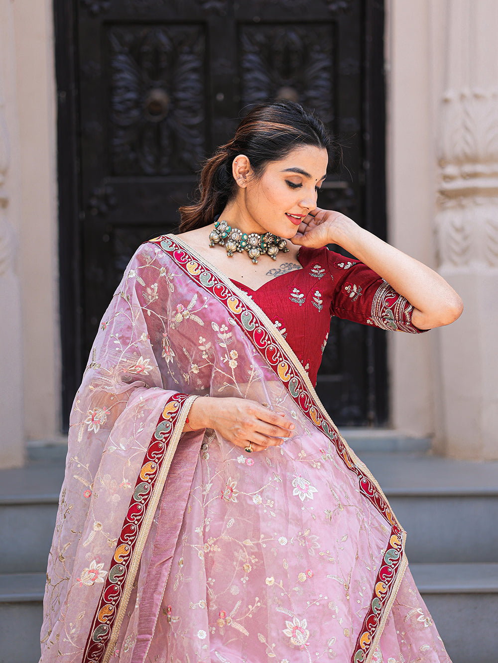 Whimsical Pink Paradise Thread Embroidered Organza Lehenga Choli