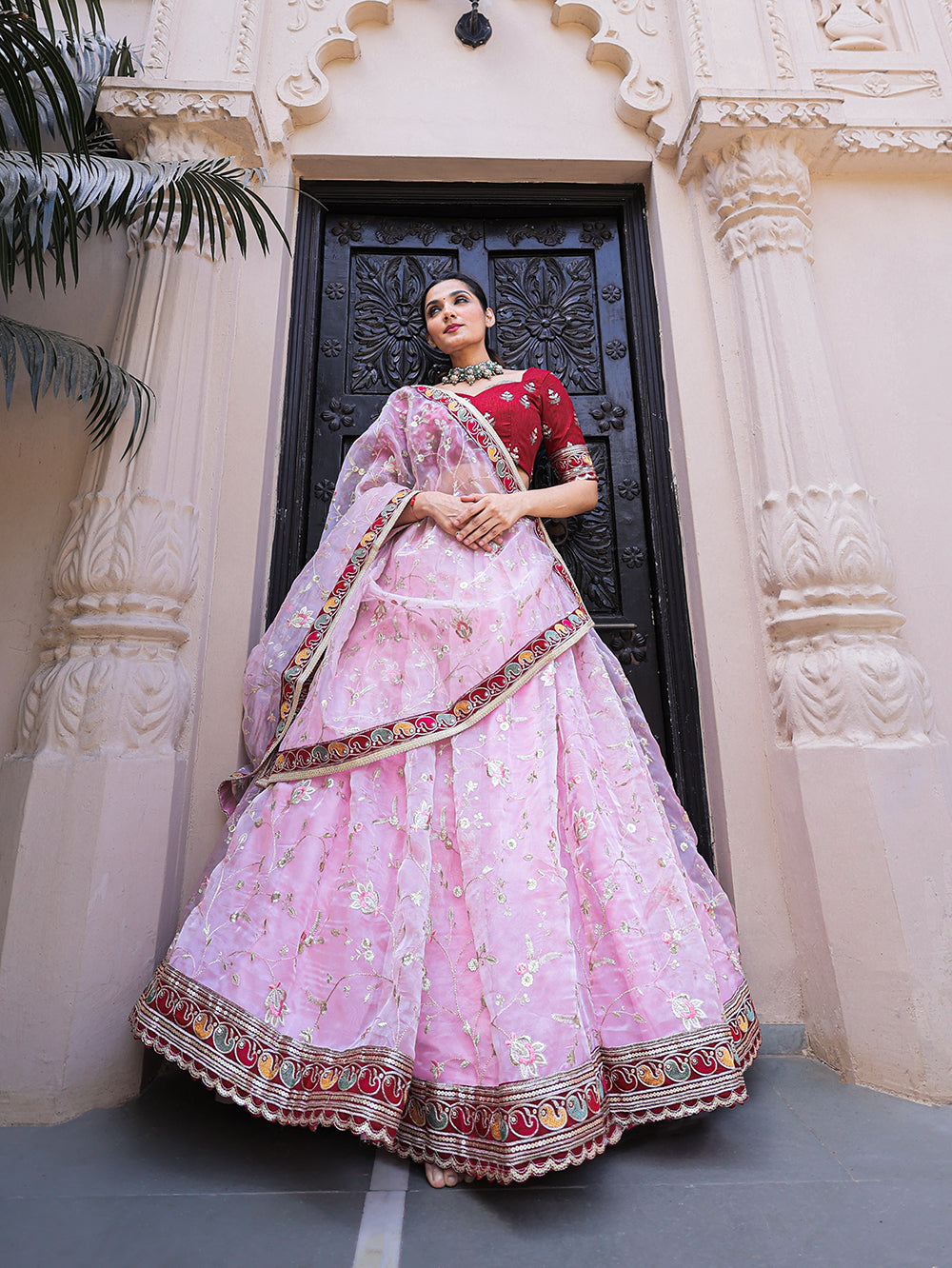 Whimsical Pink Paradise Thread Embroidered Organza Lehenga Choli