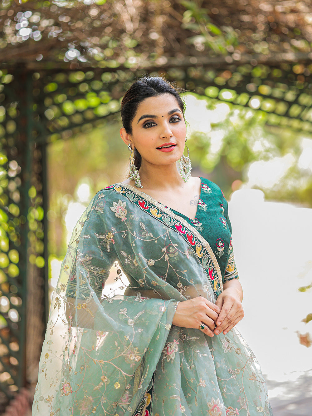 Pastel Perfection Thread Embroidered Pista Green Organza Lehenga Choli