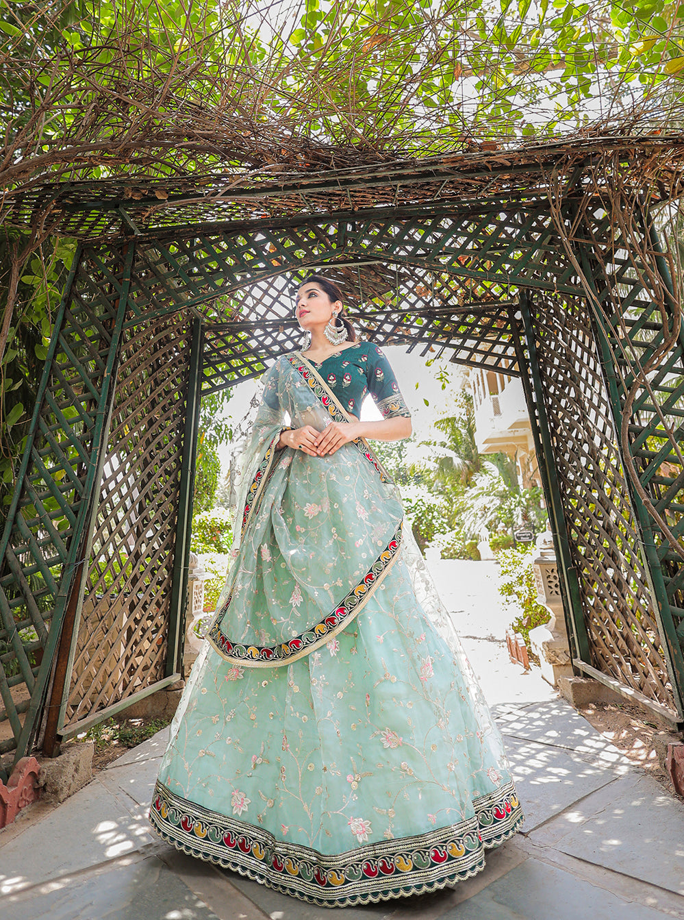 Pastel Perfection Thread Embroidered Pista Green Organza Lehenga Choli