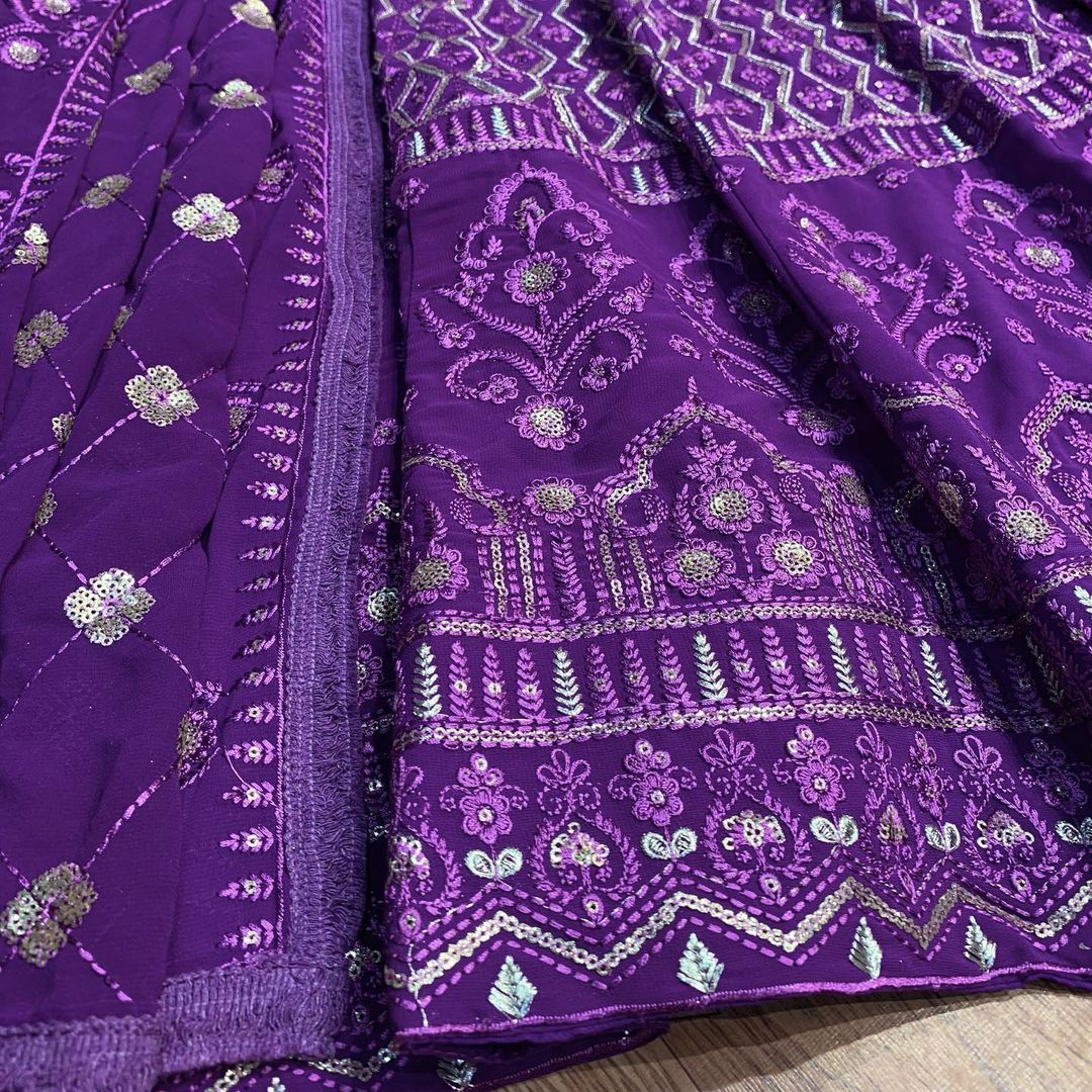 Regal Amethyst: Purple Chikankari Lehenga Choli with Sequin Embellishments