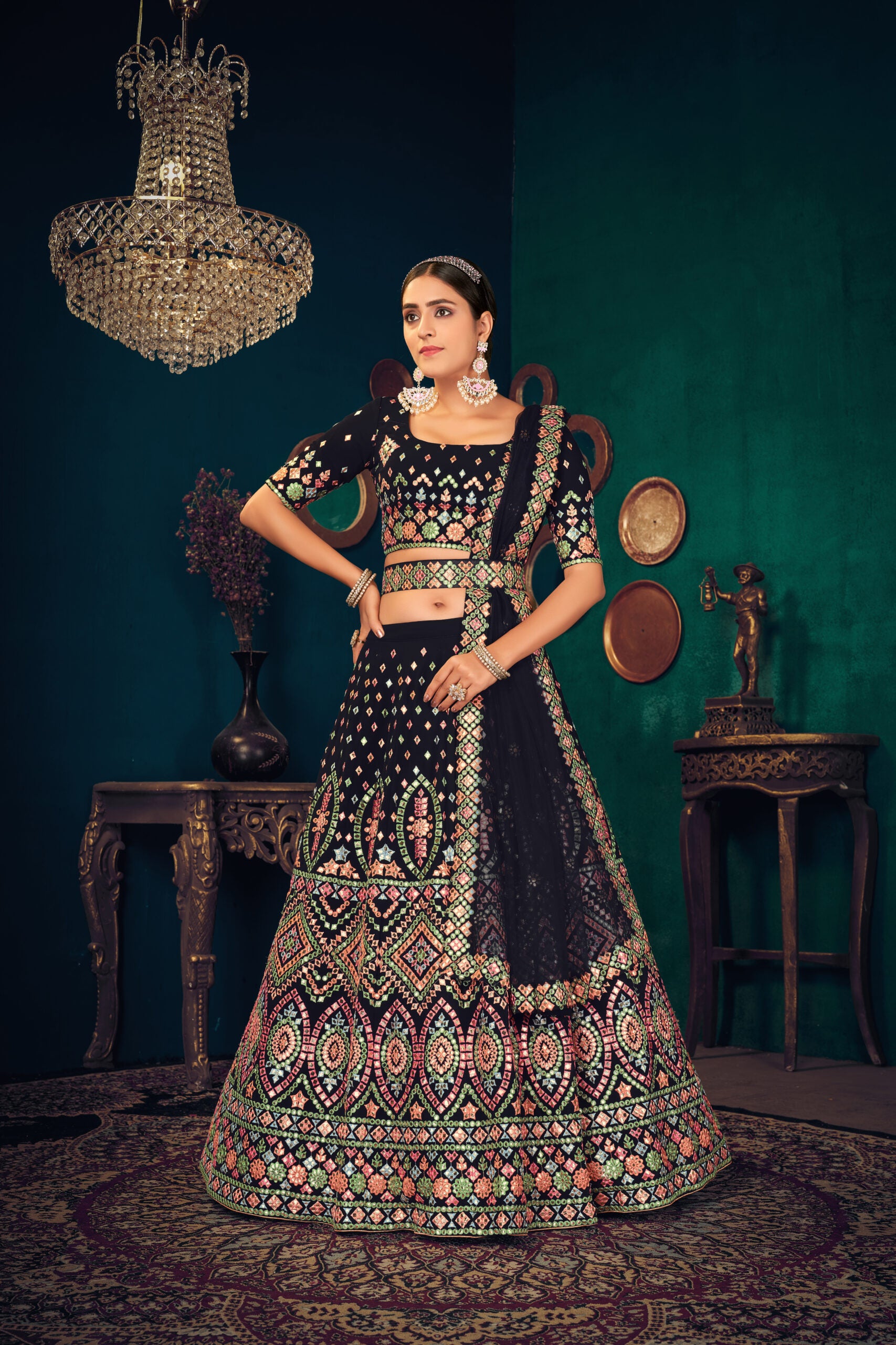 Royal Indigo Navy Blue Georgette Lehenga Choli with Exquisite Multi-thread and Gota Patti Embroidery