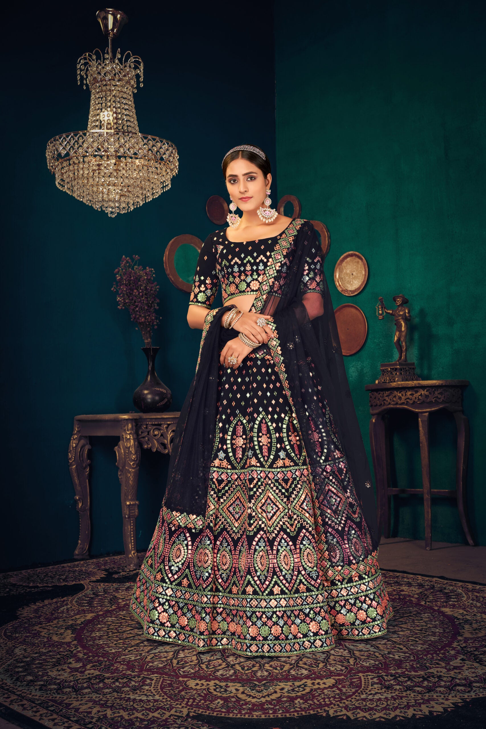 Royal Indigo Navy Blue Georgette Lehenga Choli with Exquisite Multi-thread and Gota Patti Embroidery