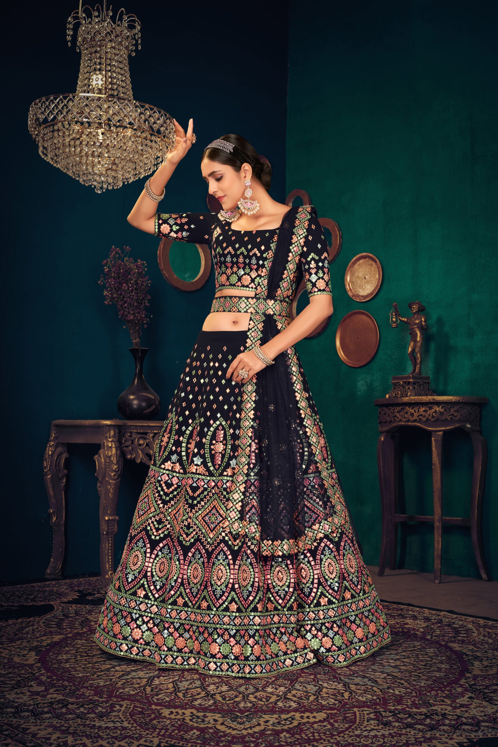 Royal Indigo Navy Blue Georgette Lehenga Choli with Exquisite Multi-thread and Gota Patti Embroidery