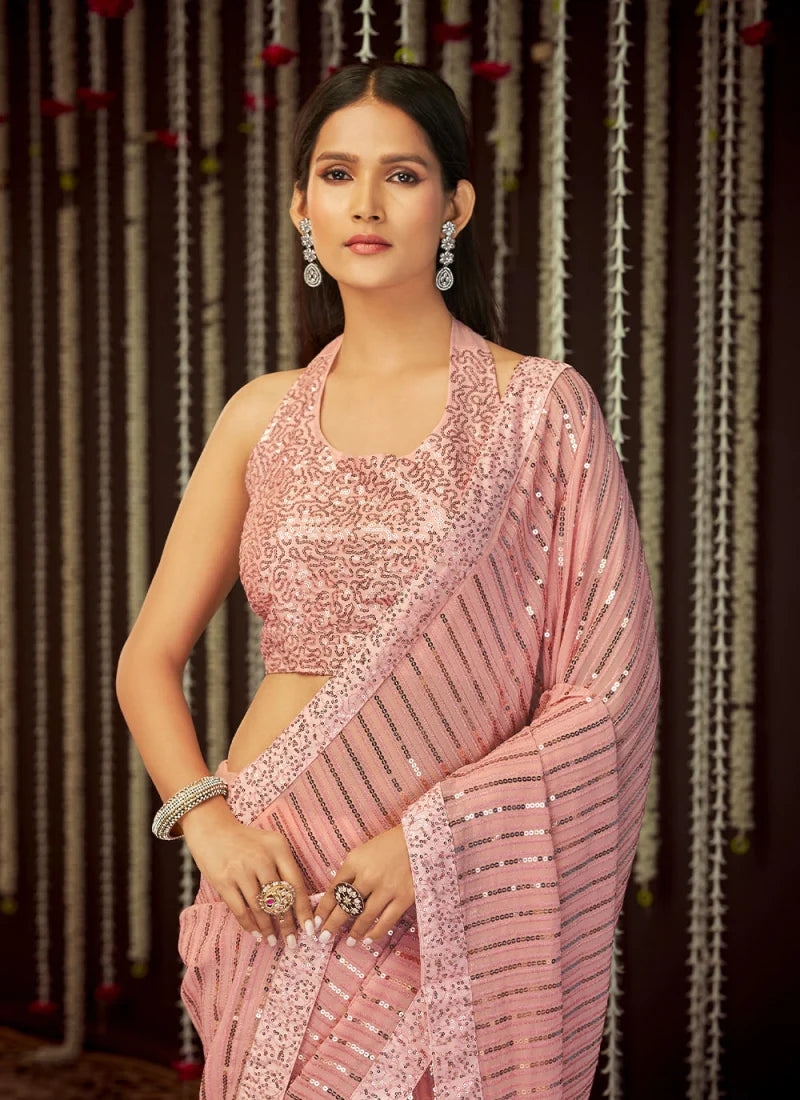 Pearlescent Pink Elegance Sequin Saree