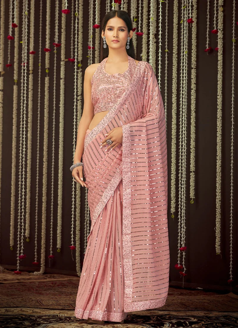 Pearlescent Pink Elegance Sequin Saree