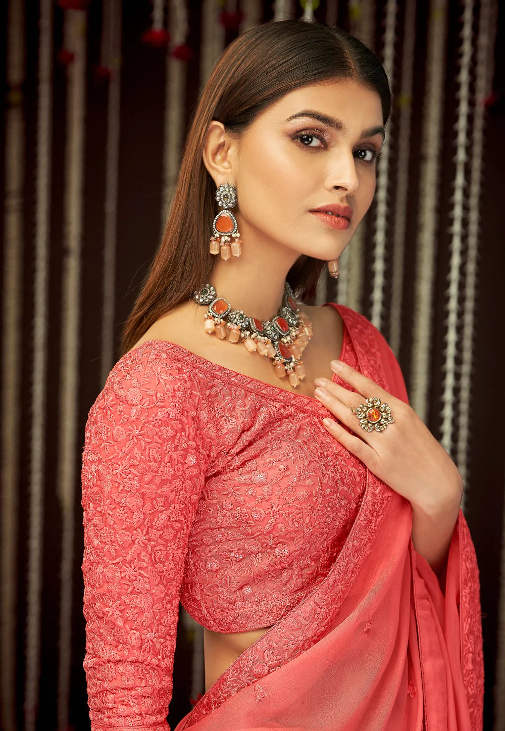 Ethereal Coral Sequin Splendor Saree