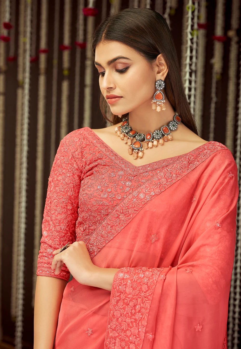 Ethereal Coral Sequin Splendor Saree