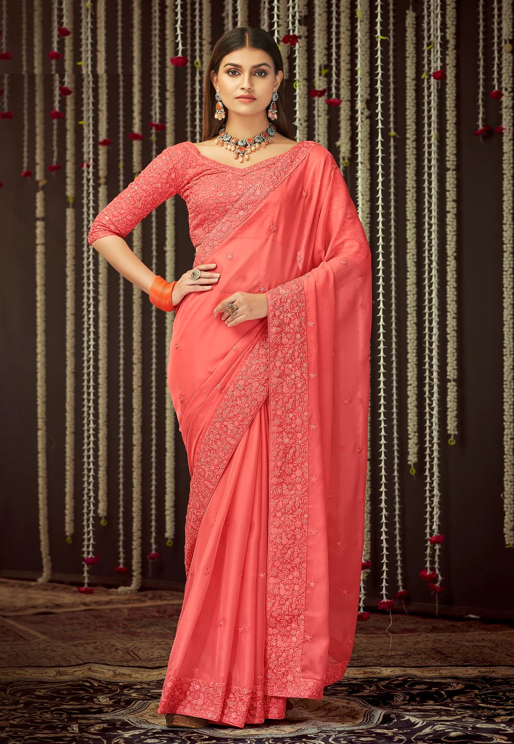 Ethereal Coral Sequin Splendor Saree