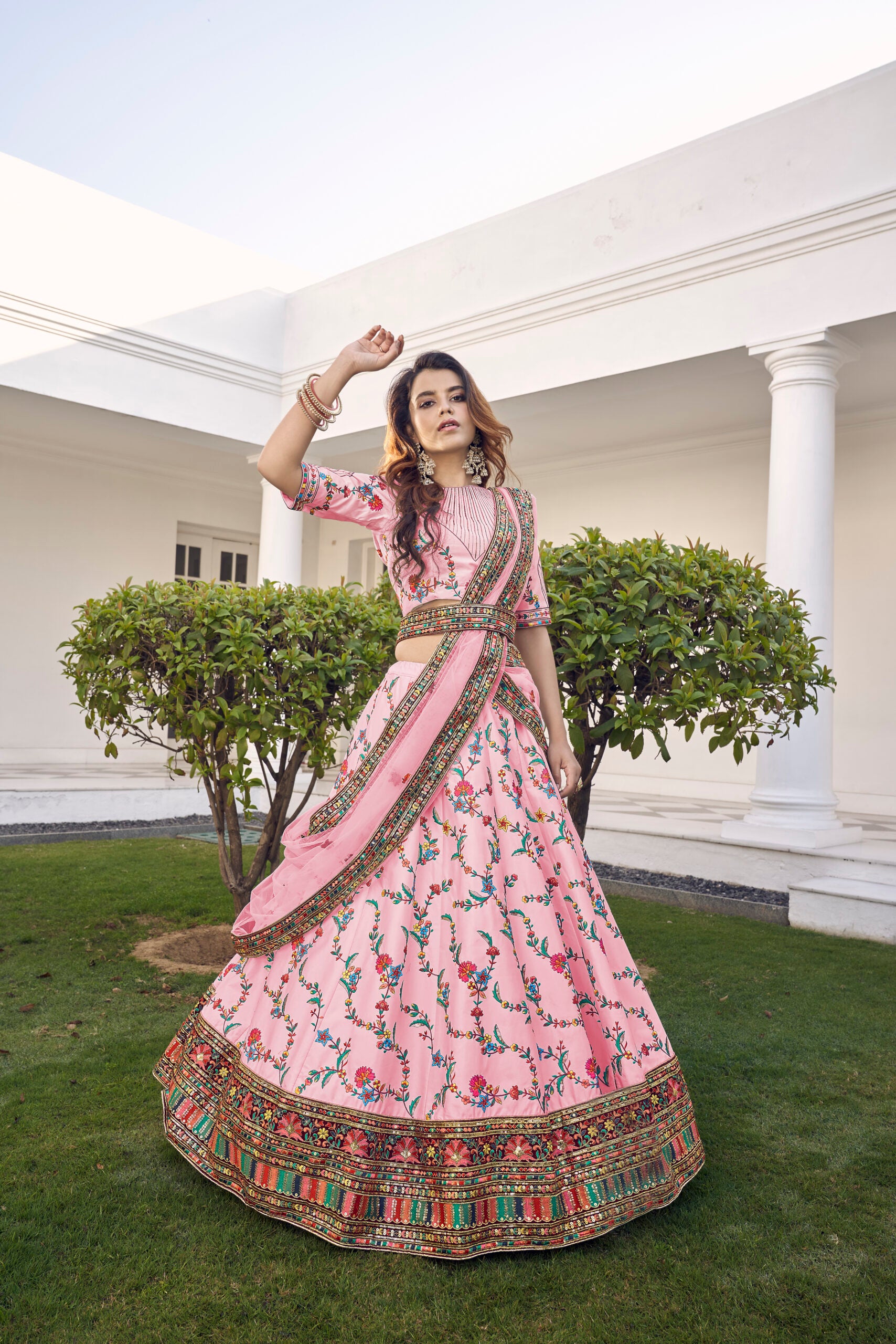Pink Floral Delight Silk Lehenga Choli with Beautiful Thread and Sequin Embroidery