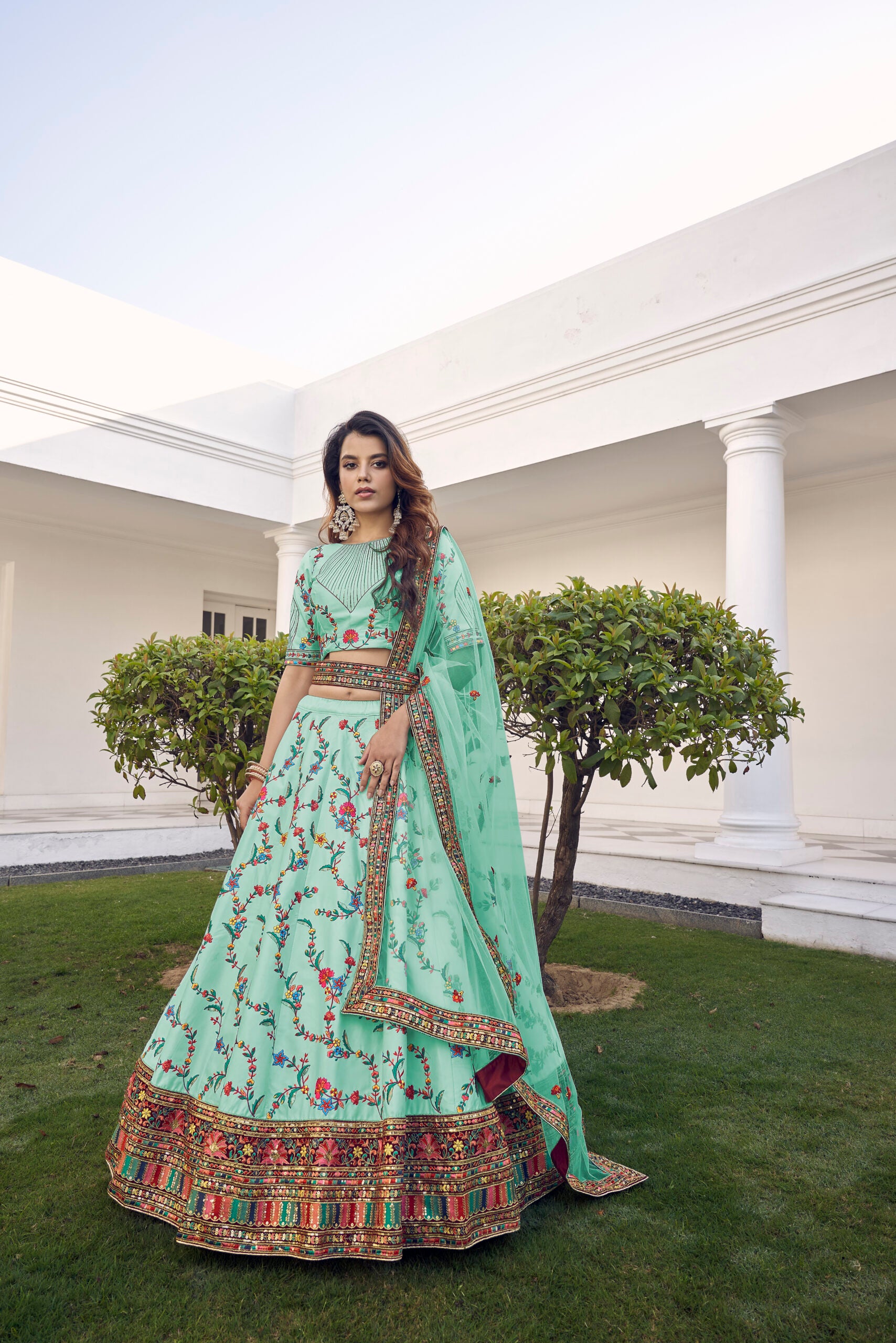 Pistachio Green Floral Silk Lehenga Choli with Intricate Thread Embroidery and Sequin Highlights