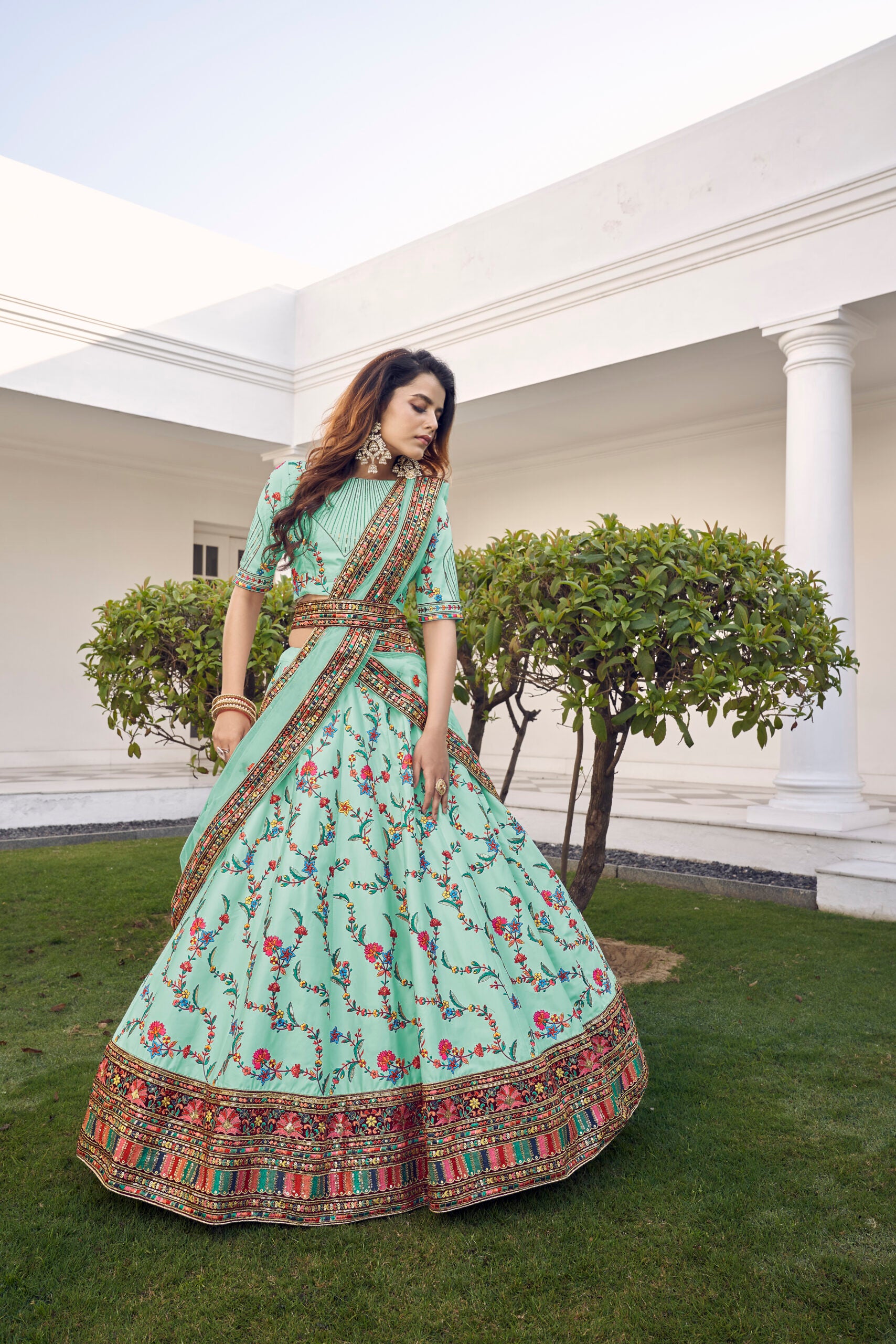 Pistachio Green Floral Silk Lehenga Choli with Intricate Thread Embroidery and Sequin Highlights