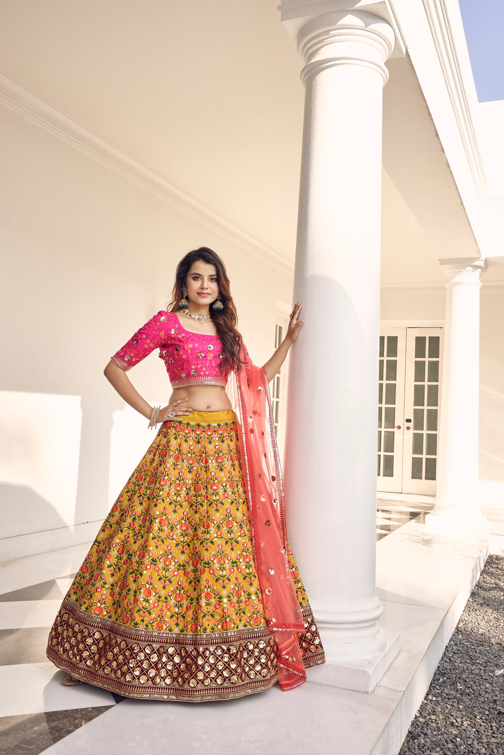 Mustard Yellow Floral Art Silk Lehenga Choli with Delicate Thread and Sequin Embroidery